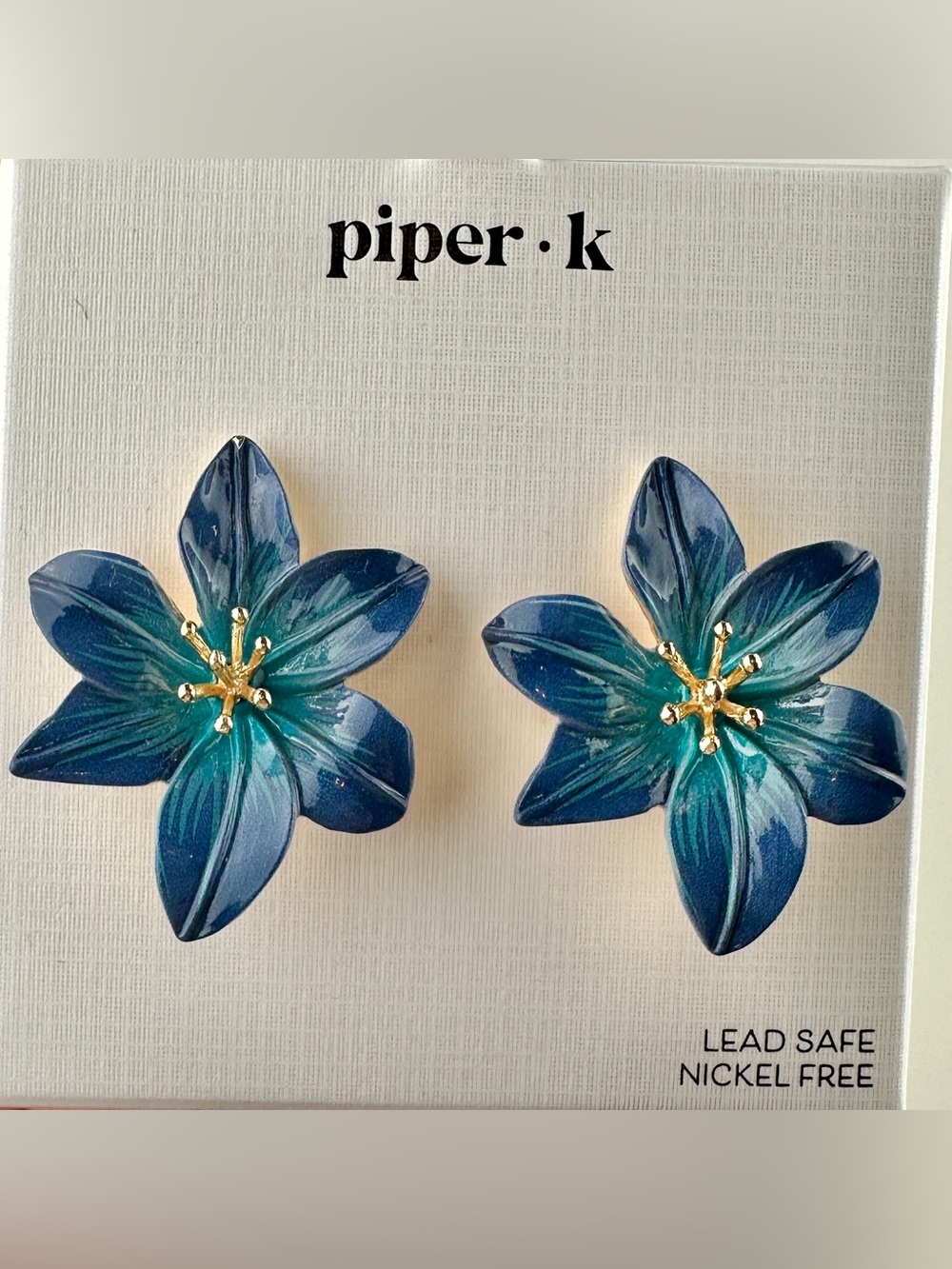 Piper K Blue Teal Flower Statement Stud Earrings New in Box
